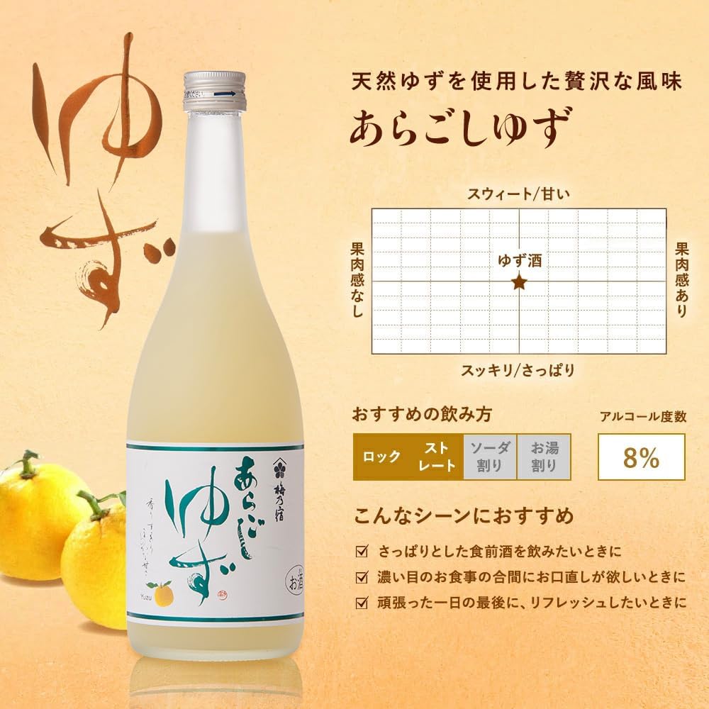 【創業130年の味】梅乃宿 あらごし梅酒 あらごしゆず酒 720ml×2本 【ギフトBox入り】 セット品 ギフト 飲み比べ プレゼント リキュール 果実酒 日本酒 柚子酒 デザート酒 国産 果肉 果汁 アルコール 8度 お取り寄せ 贈り物 贈答 手土産 ゆず