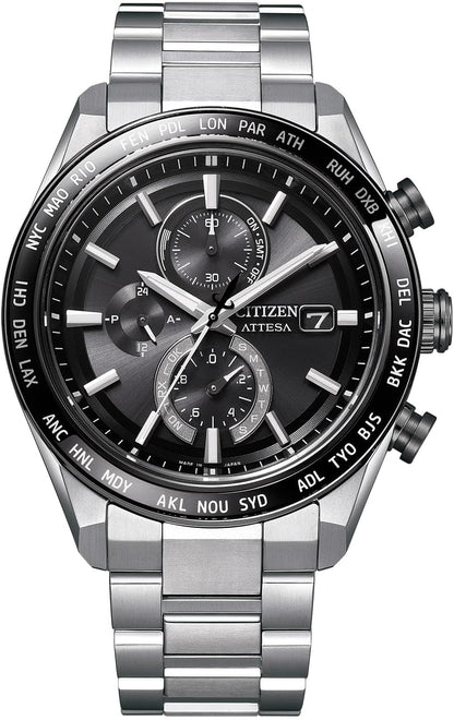 [CITIZEN] 腕時計 ATTESA (電波時計/防水/サファイアベゼル) AT8294-59E 軽量 チタン 光発電エコ・ドライブ サファイアガラス メンズ ビジネス アナログ クロノグラフ ブラック 黒 黒文字盤 電波ソーラー
