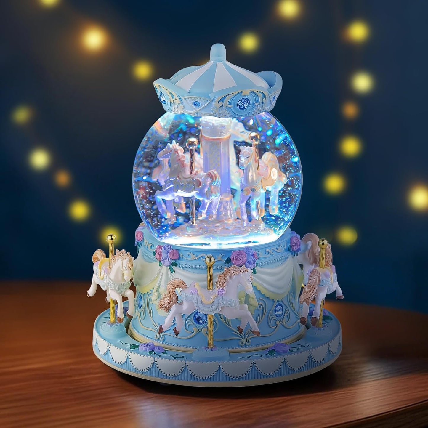 カルーセルオルゴール 誕生日、記念日、バレンタイン、クリスマスへのギフト馬のスノードーム、手塗りのオルゴール、カラーライト