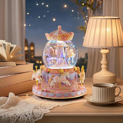カルーセルオルゴール 誕生日、記念日、バレンタイン、クリスマスへのギフト馬のスノードーム、手塗りのオルゴール、カラーライト