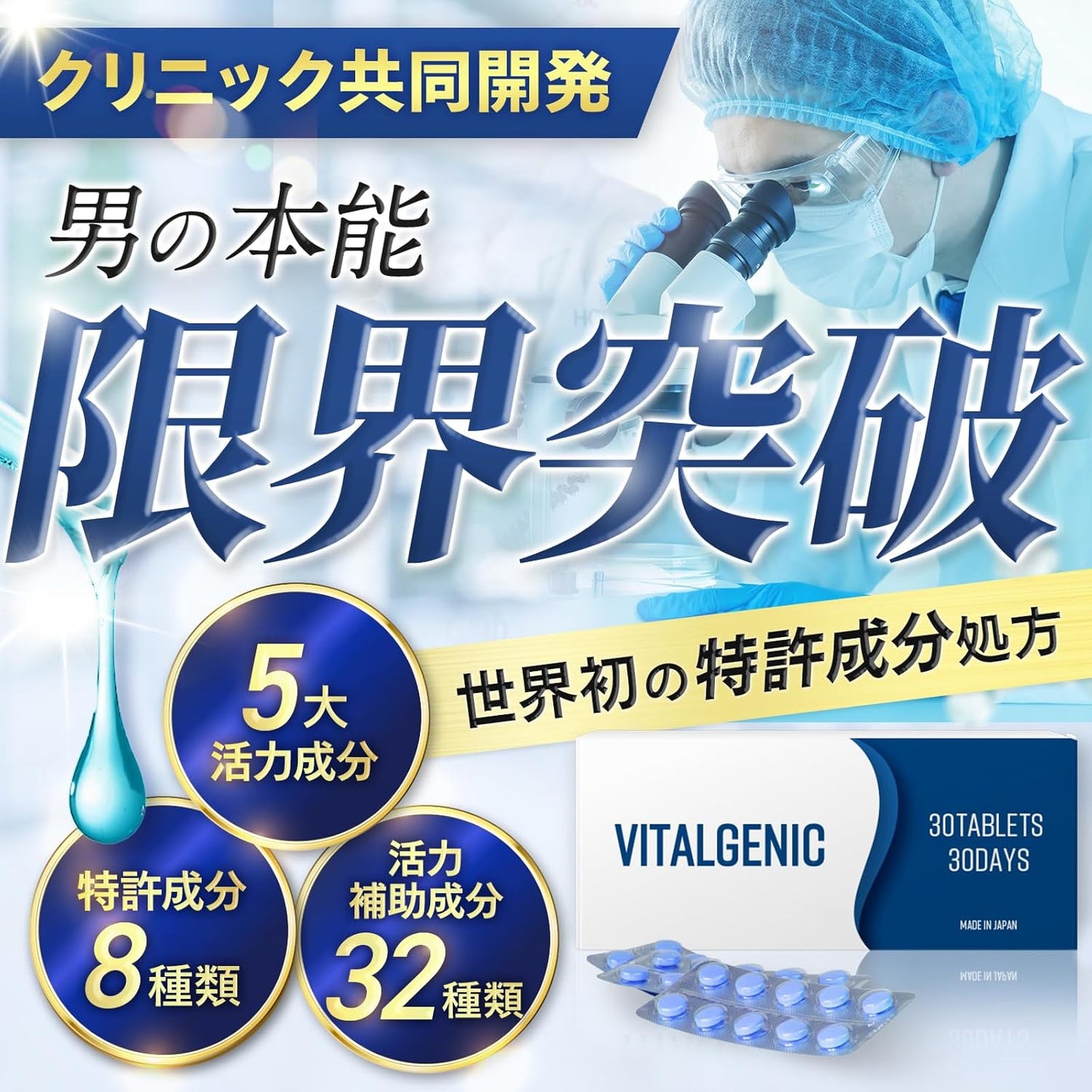 【クリニック共同開発】 VITALGENIC 8種の特許成分配合 亜鉛 マカ シトルリン アルギニン トンカットアリ 32種の成分配合 栄養機能食品 国内生産 30錠入り1ヶ月